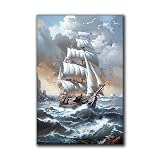 WYHOKBOO Pirate Ship Wall Art Canvas Prints, Sailboat Warship Vintage Painting, Retro Beautiful Clipper Ship & Sailing Art Poster, Seascape Pictures for Man Cave- Rec Room (12x18 inch No Frame,A)