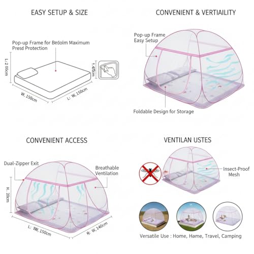 Image of Rainspire Foldable Mosquito Net for Double Bed King Size - Breathable Fine Mesh, with Handle, Heavy Duty Portable Collapsible Mosquito Protection Net for Bedroom Indoor Use - Pink