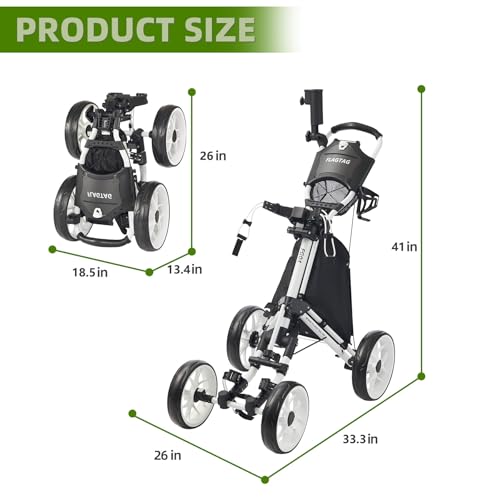 Image of Golf Push Cart 4-Wheels,Folding Golf Cart, Golf Pull cart with Cup Holder,Umbrella Holder,Cooler Bag, Foldable with one-Click,Handle Height Adjustable,Drink Holder,Walking Push cart