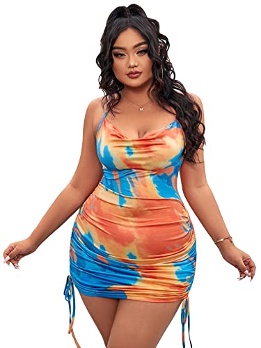 Wdirara Women's Plus Size Sexy Halter Neck Tie Dye Drawstring Bodycon Mini Dress Orange And Blue 0Xl #TOP28