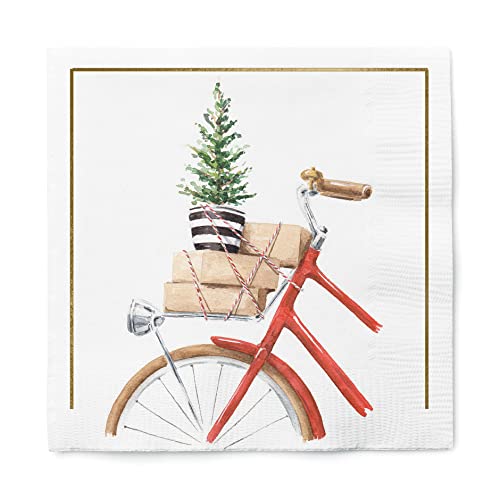 Graphique Watercolor Bike Holiday Cocktail Napkins | Christmas Party | Dessert, Beverage, Coffee | 3-Ply Disposable Paper Napkins | 5” x 5” | 40 pcs
