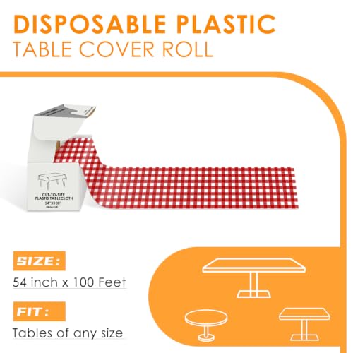 Image of tujol Red Checkered Disposable Plastic Table Cloth Roll 54 inch X 100'