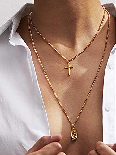 Ibliss Boho Layered Necklace Chain Gold Long Cross Coin Pendant Necklaces Virgin Mary Necklace Jesus Necklaces Jewelry for Women and Girls