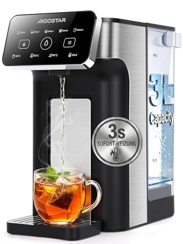 Aigostar 3L Heißwasserspender, 3s Turbo-Aufheizung, 4 Temperaturstufen, 1000ml Schnellausgabe, Instant-Wasserkocher mit temperatureinstellung, LED-Touch, BPA-frei, Filter-Slot, Schwarz