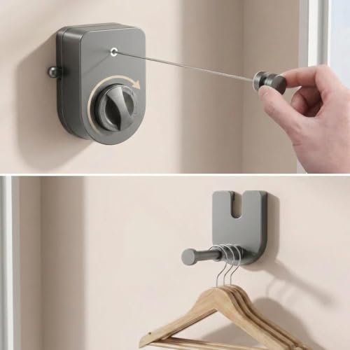 Retractable Clothesline with Adjustable Tension, 13.7 Ft Anti-sag Laundry Line, Wall Mount Drying Clothes Line with Telescopic Rod, Heavy Duty Clothes Drying Line for Indoor Outdoor Use