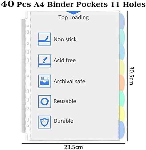 40 Pack A4 Plastic Sleeves Binder Separators with Tabs Binder Pocket 11 Holes Tabs Divider Binder Folders for 2/3/4 Ring Document Pouch Transparent for School Home Office