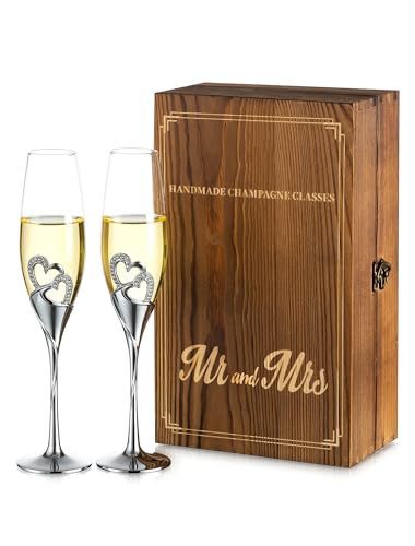 NUPTIO Flûtes à Champagne Mariage: Flûte à Champagne Personnalisée Coffret Cadeau en Bois Cristal Prosecco Verre Ensemble de 2, Ensemble Cadeau Argent Toast...