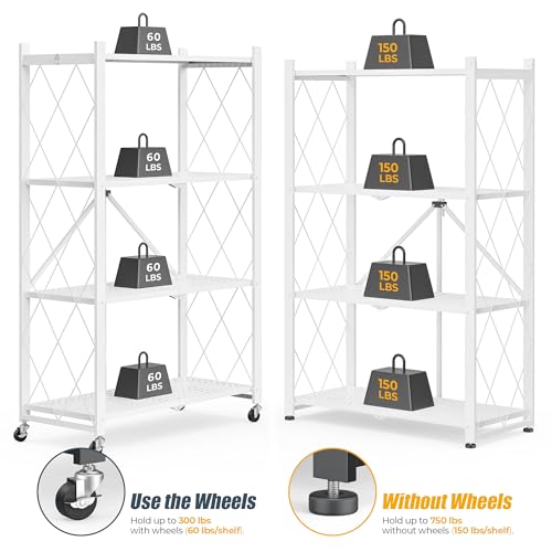 Image of 4-Tier Folding Metal Storage Rack - 50 inch Heavy-Duty Steel Frame with Wheels, No Assembly Utility Organizer, Rolling Shelving Unit for Kitchen, Garage, Pantry, Bedroom (White, 4 Tier)