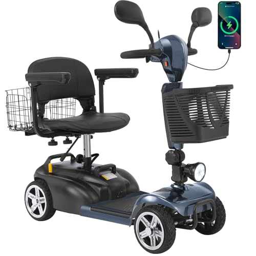 15-45 Miles Ecomobi MS02 4 Wheels Mobility Scooter for Adults/Seniors, 350W Powered Electric Wheelchair Device w/15Ah-25Ah Extended Battery, Dual Baskets/Rotating Seat, Compact Duty Mobile f