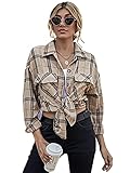 DIDK Damen Bluse Karo Muster Hemdshirt Kariertes Oberteil Karohemd Button Down Hemdbluse Langarm Tunika Boyfriend Karoshirts Khaki M
