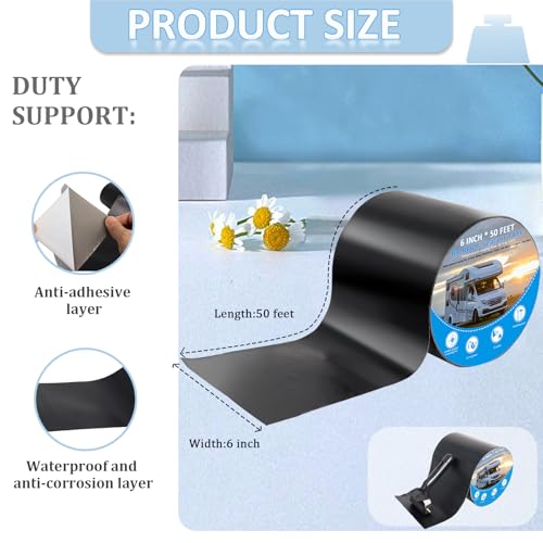 Black RV Roof Sealant Tape - 6\" x 50ft, Rubber Roller, Patch Repair, Waterproof Butyl Tape for Camper Roofs
