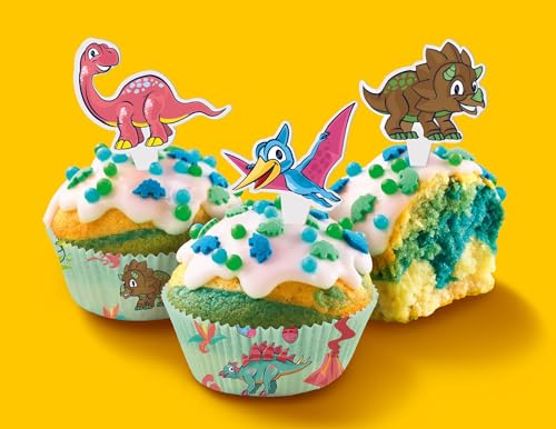 RUF Dino Muffins Komplettset Backmischung für dreifarbige Muffins mit Zuckerglasur, bunten Dino-Streuseln und Motiv-Pickern, lustiger Backspaß mit Kindern, ideal für Geburtstage, inkl. Förmchen