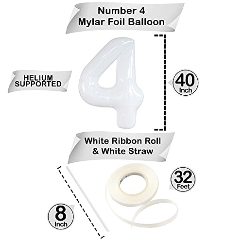 Image of KatchOn White Number 4 Balloon 40 Inch, 1 Count for 4th Birthday Party | 40th Anniversary, Unicorn Birthday, Boys, Girls, Unisex