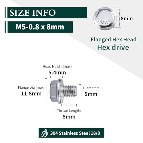 Image of M5-0.8 x 8mm Hex Flange Bolt (0.31 inch Thread Length), DIN6921, Serrated Locking Flange, 304 Stainless Steel, UNC Full Thread, 50-Pack