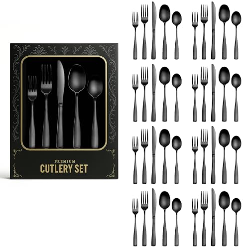 Image of aDai Premium Cutlery Set | Stainless Steel Tableware | Mirror Finish | Includes Spoon Fork Knife & Teaspoon | Elegant Flatware Set for Dining, Parties & Gifting (Black, Set of 40)