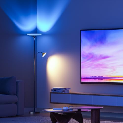 Image of SIBRILLE RGB Torchiere Floor Lamp - 2 Way Dimmable LED Standing Lamp with Remote&Button Control, 34W Rotatable Floor Reading Light, 72'' Tall Modern Corner Lamp for Living Room Bedroom Office, Black