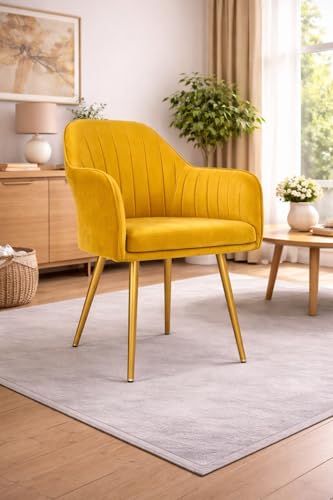Image of Accent Chair for Living Room| Soft Velvet Fabric Armchair with Multi Colour Leg Options | Modern Chair with Thick Cushion for Home Office restaurent and cafes| 1pc (Velvet, Mustard)
