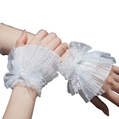 Lolita Lace Gloves White Bow Hand Sleeve Halloween Lolita Wrist Cuffs Sequin Bowknot Short Gloves Sleeves for Women Girls Halloween Masquerade Party Nightclub Wedding Decoration