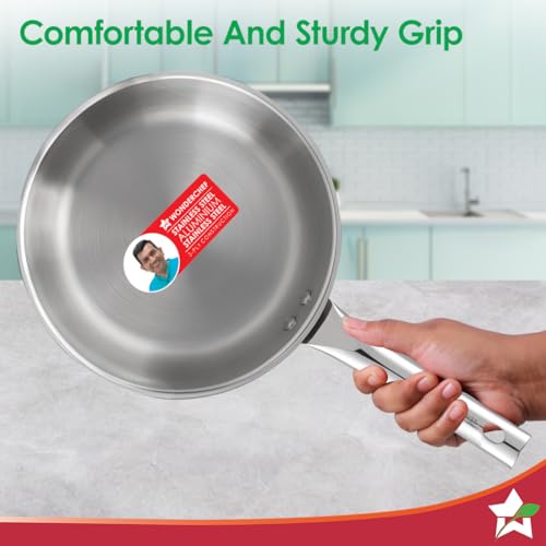 Image of Wonderchef Stella Triply Stainless Steel Cookware Set | 3 Pcs. | Fry Pan 22 cm, Kadhai 22 cm + Lid | for Gas Stove, Induction, Ceramic Cooktop | Uniform Heating | Heavy-Duty Handle | 10-Year Warranty