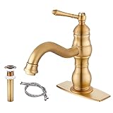 Antique Brass Bathroom Sink Overflow Faucet Single Hole One Handle with Pop Up Drain Assembly Deck M