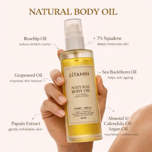 Image of Bitamin Natural Body Oil | Moisturizing 9 Multi Oil Blend for Dry Skin | Men & Women after bath Body massage Oil | Suitable for Stretch Marks & Scar Removal | Vit E Coconut Vanilla | 100ml - Pack Of 2