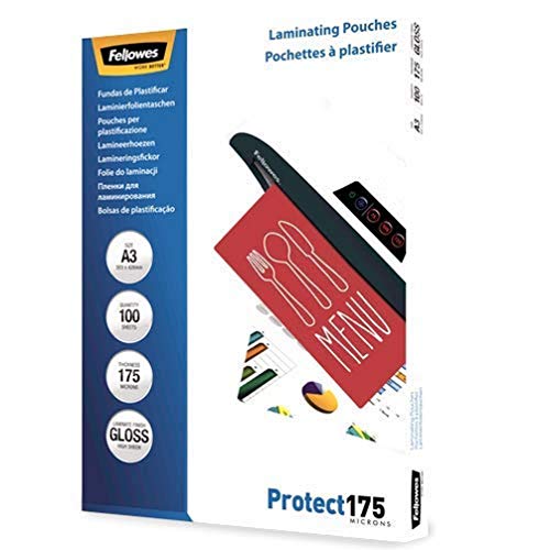 Fellowes A3 Laminating Pouches - Glossy Finish - 100 Sheets, 350 Micron (2 x 175 Micron) Premium - Ideal for Notices, Photos, Creatives, Certificates, Menus and Everyday Use