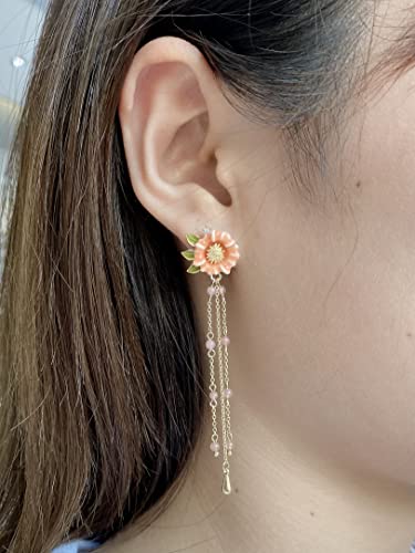 Dainty Flower Enamel Dangle Earrings - Florals Leaves Gold Chain Drop Earring For Women Girls, Hypoallergenic, By Smilephil (Orange - Long) #TOP4