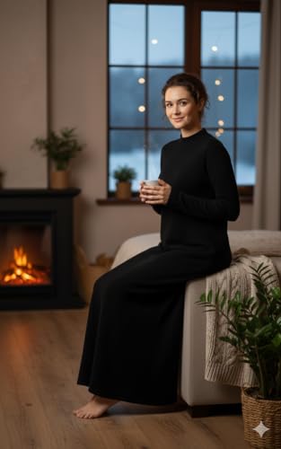 Image of Winter Wear Woolen Nighty Dress Black Polar Nighty Women Gown Dress Maxi Soft Velvet Feel Full-Length Maxi Nighty Free Size Nightwear