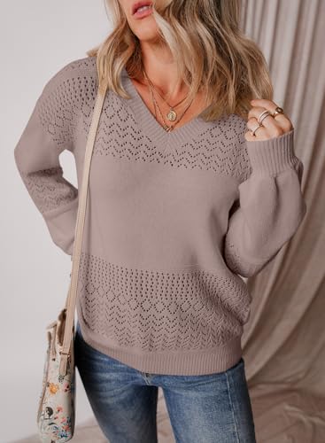 Image of SHEWIN Women's Sweaters Casual Long Sleeve V Neck Crewneck Lightweight Crochet Pullover Sweater Tops