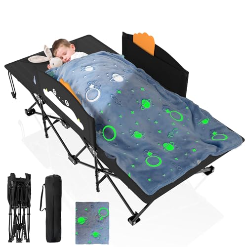 Image of Suteck Kids Camping Cot, Comfortable Toddler Cot Bed Easy to Store and Use, Portable Sleeping Cot with Guardrail, Lightweight Bed for Outdoor Indoor Home