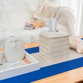 Tissue Box Cover Square Resin Tissue Holder for Home Decor,Hand Carved Wicker Tissue Box Holder,5.3 x 5.3 x 5.9 inches, Farmhouse White