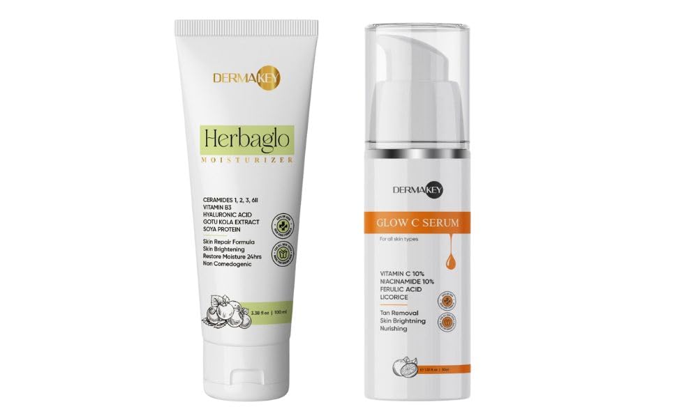Herbaglo Moisturizer and Glow C Serum Combo, Oil-Free Gel Based Formula with 10% Vitamin C, Niacinamide, Ferulic Acid for Skin Brightening and Long Lasting Moisturizing