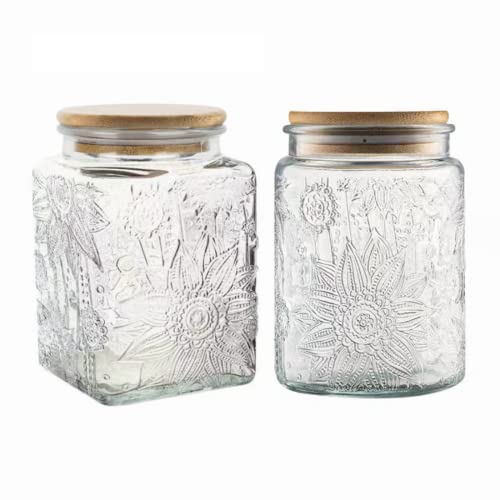 Image of ANSQU Set of 2 Vintage Glass Storage Jars, Candy Jars with Lids | Coffee Jars, Kitchen Canisters for Coffee Tea Sugar Candy Cookie, Decorative Mason Jars Cute Jars (25.3oz /23.7oz)