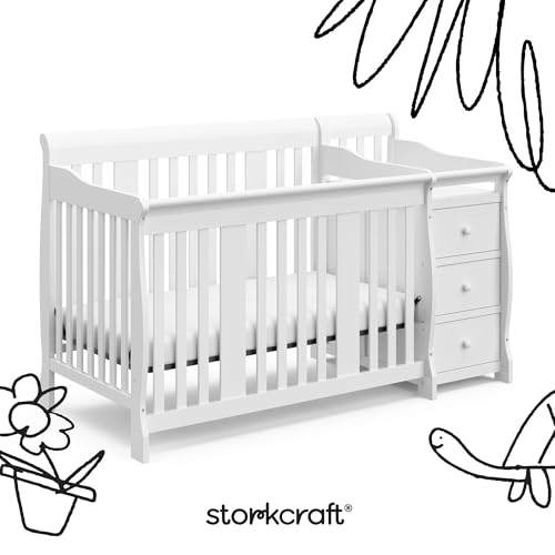 Image of Storkcraft Portofino 5-in-1 Convertible Crib and Changer - Crib and Changing Table Combo with Drawer, Converts to Toddler Bed, Daybed and Full-Size Bed, Storage Drawer (White)
