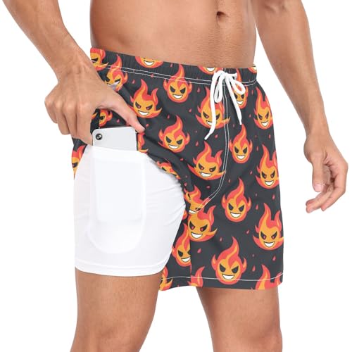 Evil Laughing Flame Demon Mens Beach Shorts Men Double Layer Bathing Suit with Pockets Quick Dry Elastic S3