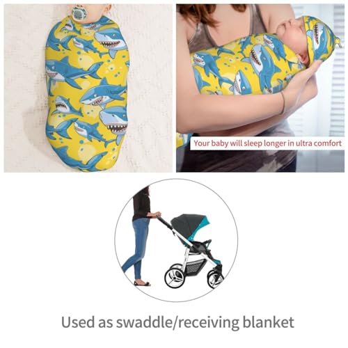 Image of Sharks On Yellow Background Newborn Swaddle Blankets Hat Sets Soft Baby Receiving Blanket Swaddle Sack for Baby Shower Infant Boy Girl Gift