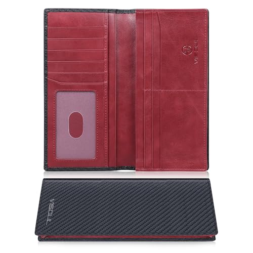 Image of VISOUL Leather Checkbook Cover Wallet for Men with RFID Blocking, Mens Long Bifold Cash Tall Wallet with 11 Credit Card Slots 1 ID Window (Black+Burgundy)