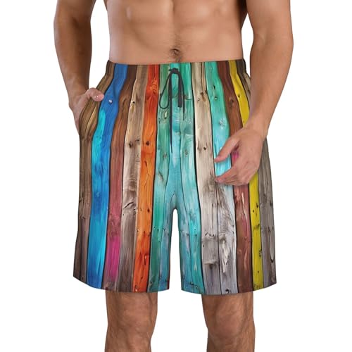 Colorful Rainbow Stripe Men's Quick Dry Beach Shorts Swim Trunks with Pockets Board Shorts