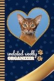 undated weekly organizer: 6x9 personal scheduler / with checklist - to do list - note section - habit - water tracker / organizing gift / abyssinian cat - blue gold heart art cover