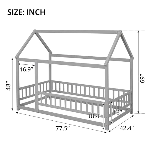 LLS Twin Floor Bed Frame with Roof, Wooden Montessori Bed with Fence, House Bed for Boys Girls Bedroom, Gray