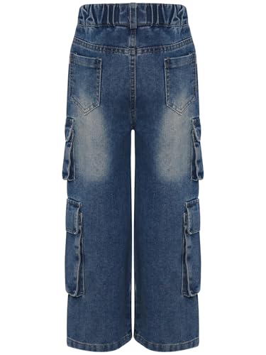 FEESHOW Kids Girls Straight Cargo Jeans Elastic Waist Wide Leg Pants Casual Denim Trousers with Flap Pockets3