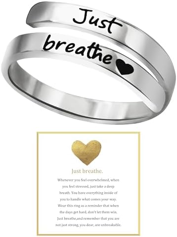 Just Breathe Ring for Women, Adjustable Heart Ring, Stainless Ste...