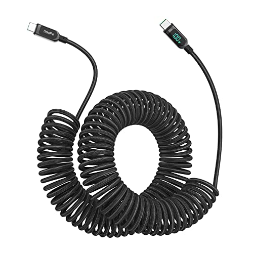 SOOPII Cable USB C en Espiral para Coche, (2M Negro) 100W USB C a USB C Cable de Carga Rápida, Nylon Trenzado Tipo C Cable con Pantalla LED para lPad Air/lPad Pro, MacBook Pro, Samsung Galaxy S21 Cover