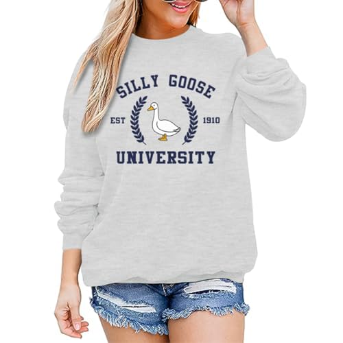 Pairxily Funny Goose Graphic Sweatshirt For Women Cute Printed Crewneck Sweater Pullover With Sayings Long Sleeve T Shirts(Light Gray 2XL)