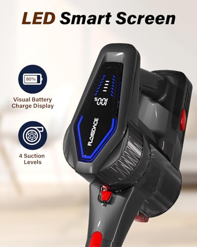 Floisdace Cordless Vacuum Cleaner, 450W/45KPA Self-Standing Stick Vacuum, Lightweight Handheld Vacuum with LED Screen, Rechargeable Vacuum for Home, Hardwood, Carpets, Pet Hair, Car (Red)