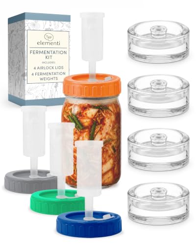 Elementi Mason Jar Fermentation Kit - 8 Pieces Easy Grip Glass Fermenting Weights & Wide Mouth Mason Jar Fermentation Lids – Sauerkraut, Pickling & Fermenting Kit – 4 Weights & 4 Airlocks