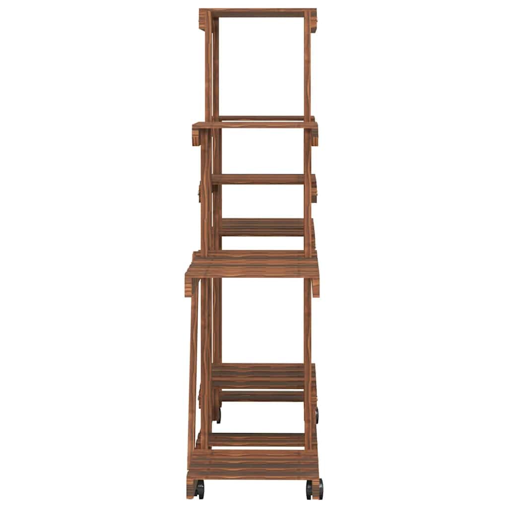 Pflanzenregal mit Rollen 110x25x101 cm Blumenständer aus Tannenholz Mehrstöckige Blumentreppe für Indoor Wohnzimmer Balkon und Terrasse Karbonisiert Braun