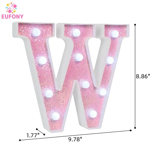 Image of Pink Glitter Marquee Light Up Letters, Battery Operated LED Letter Lights Signs for Pink Birthday Party Table Decorations, Wall Decor for Girls Bedroom, Initial Letter W with Cool White Lights