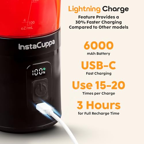 Image of InstaCuppa Portable Blender Bottle, Long Lasting 6000 mAh Battery with Fast Charging, LED Display for Battery Status & 40-Second Blend Timer, Sipper Lid & Detachable Bottom Cap, 230 Watts, 600 ML