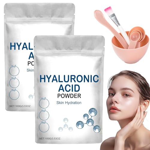 Ácido Hialurónico en Polvo,Ácido Hialurónico en Polvo para el Rostro,Sérum Facial Casero,Hidrosoluble para la Humectación de la Piel,Bajo Peso Molecular,Hidrata y Favorece la Humectación (2 Bolsas)